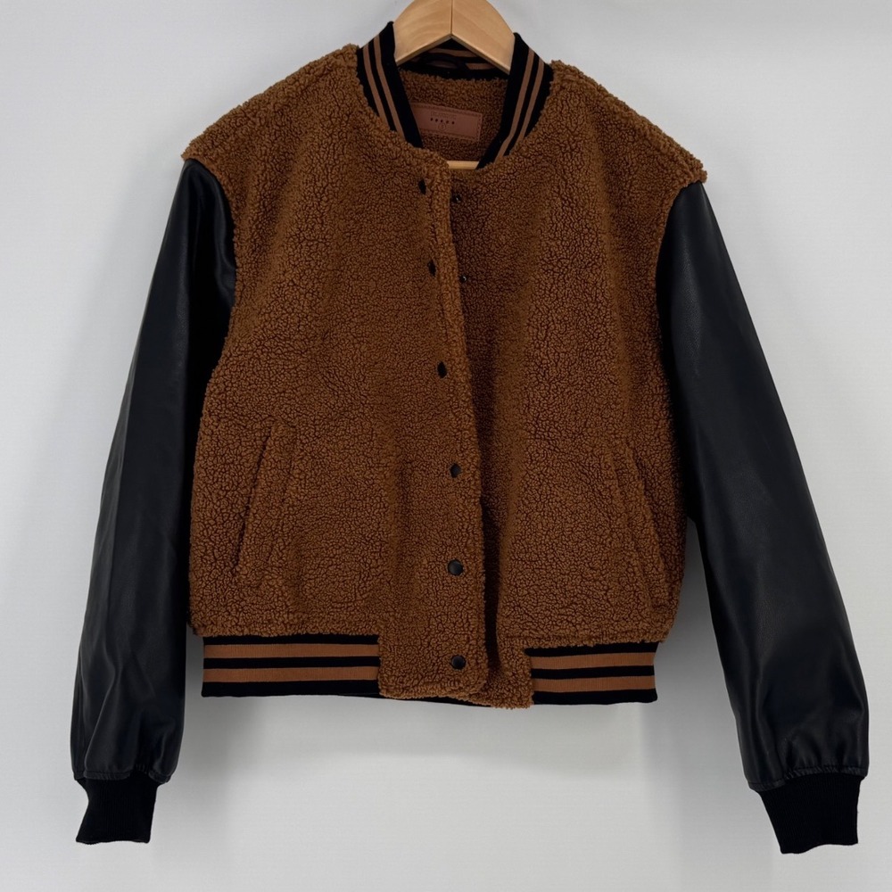 BLANKNYC Varsity Bomber Women S Brown Black Teddy Faux Fur Leather 02WV6948EE